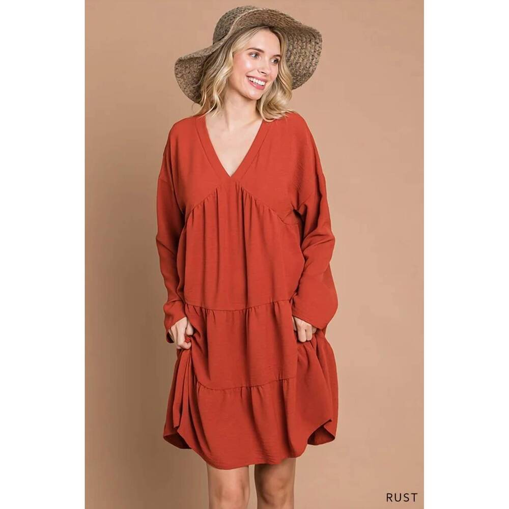 NEW COTTON BLEU women's air flow v neck tiered dress in rust